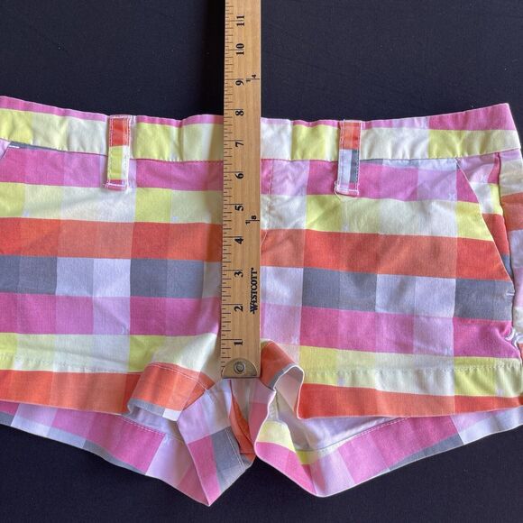 Hurley Juniors Short Shorts Size 9 Multicolor‎ Flat Front Low Rise Y2K Rainbow - Picture 9 of 10